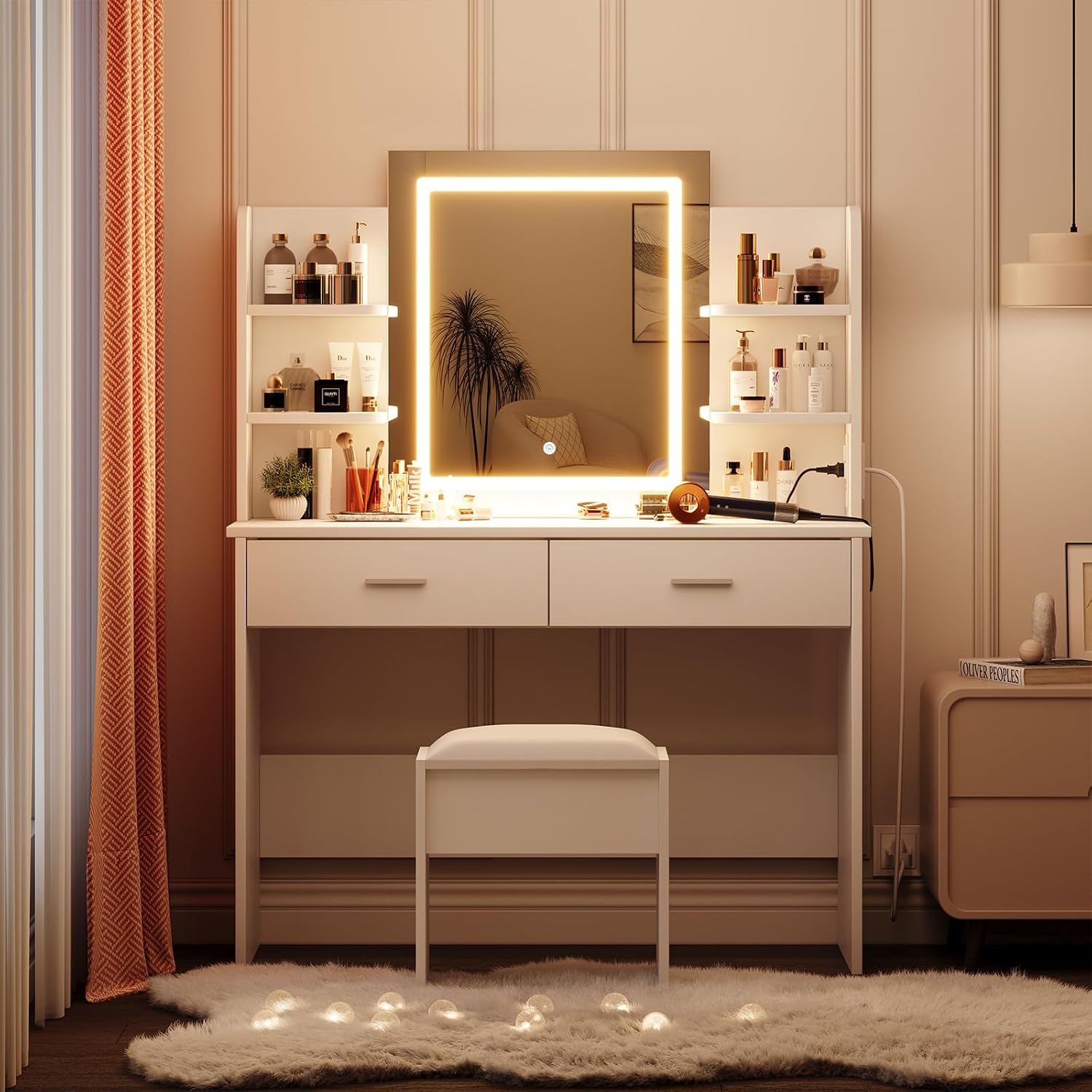 Garvee Vanity Desk with Lights | Tri-Mode LED Lighted Mirror & Charging Station | Makeup Vanity Set with 6 Shelves, 2 Drawers, Soft Cushion Stool | Dimmable Vanity Desk for Bedroom (White)