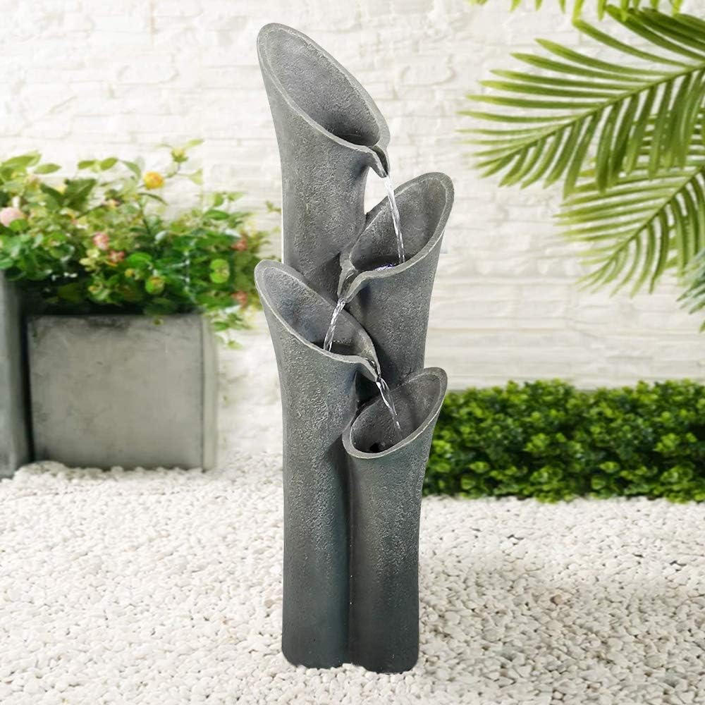 Chilscreamni Waterfall Garden Fountain w/LED Lights - 33 1/2' H Curved Cascading Indoor Outdoor Water Fountain with Built-in Quiet Pump&LED Lights, Perfect Garden Water Feature, Patio Fountain