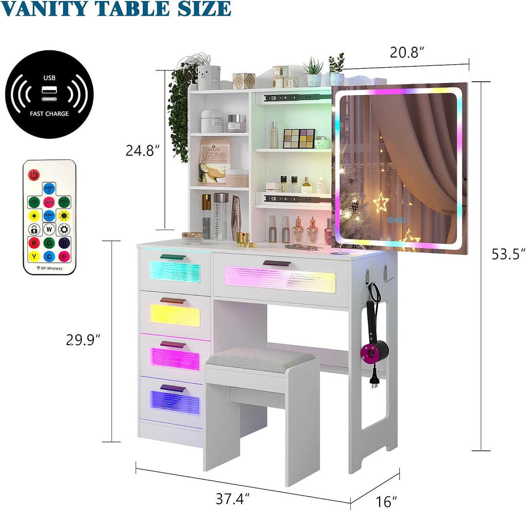 WOOVIVS Vanity with LED Mirror, 6 Drawer Dresser with Charging Station for Bedroom, Small Makeup Vanitys Table with RGB Light, Vanity Set with Chair,Jewelry Organizer for Girls-White