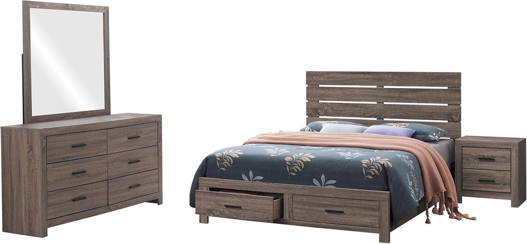 Coaster Home Furnishings Brantford Farmhouse 4-Piece Bedroom Set Eastern King Size Storage Panel Bed Frame 49-inch Headboard Barrel Oak 207040KE-S4