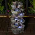 Outdoor Rock Waterfall Fountain with LED Lights, Multi-Tier Stacked Stone Style, Garden Patio Decor