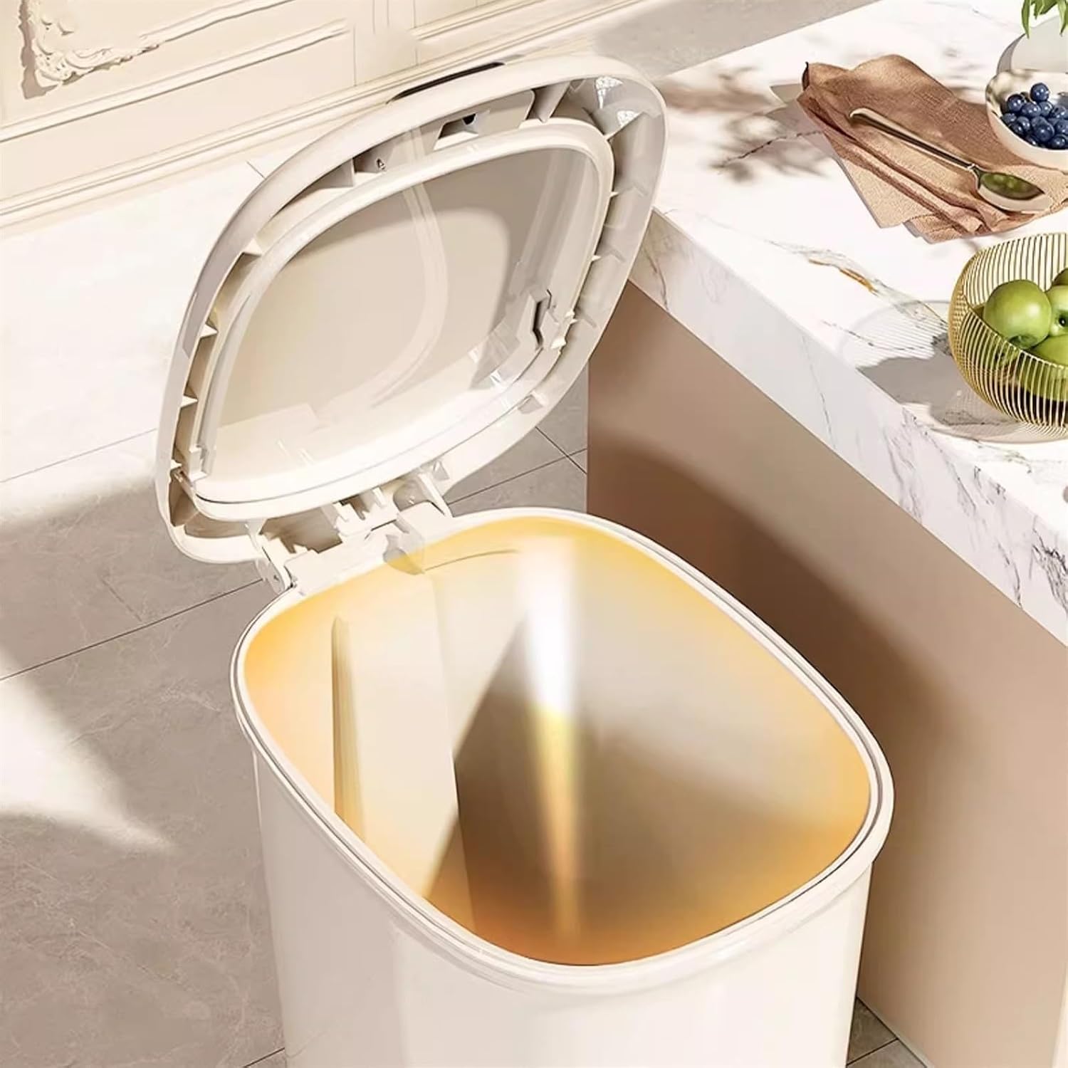 20L Slim Plastic Garbage Bin with Lid for Bathroom Office Bedroom Smart Step Pedal Trash Can Beige Color