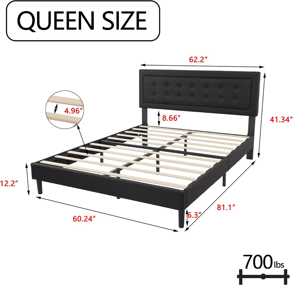 alazyhome Queen Size Black Modern Upholstered Platform Bed Frame with Button Tufting Headboard Solid Wood Slats Support No Box Spring Needed Easy Assembly