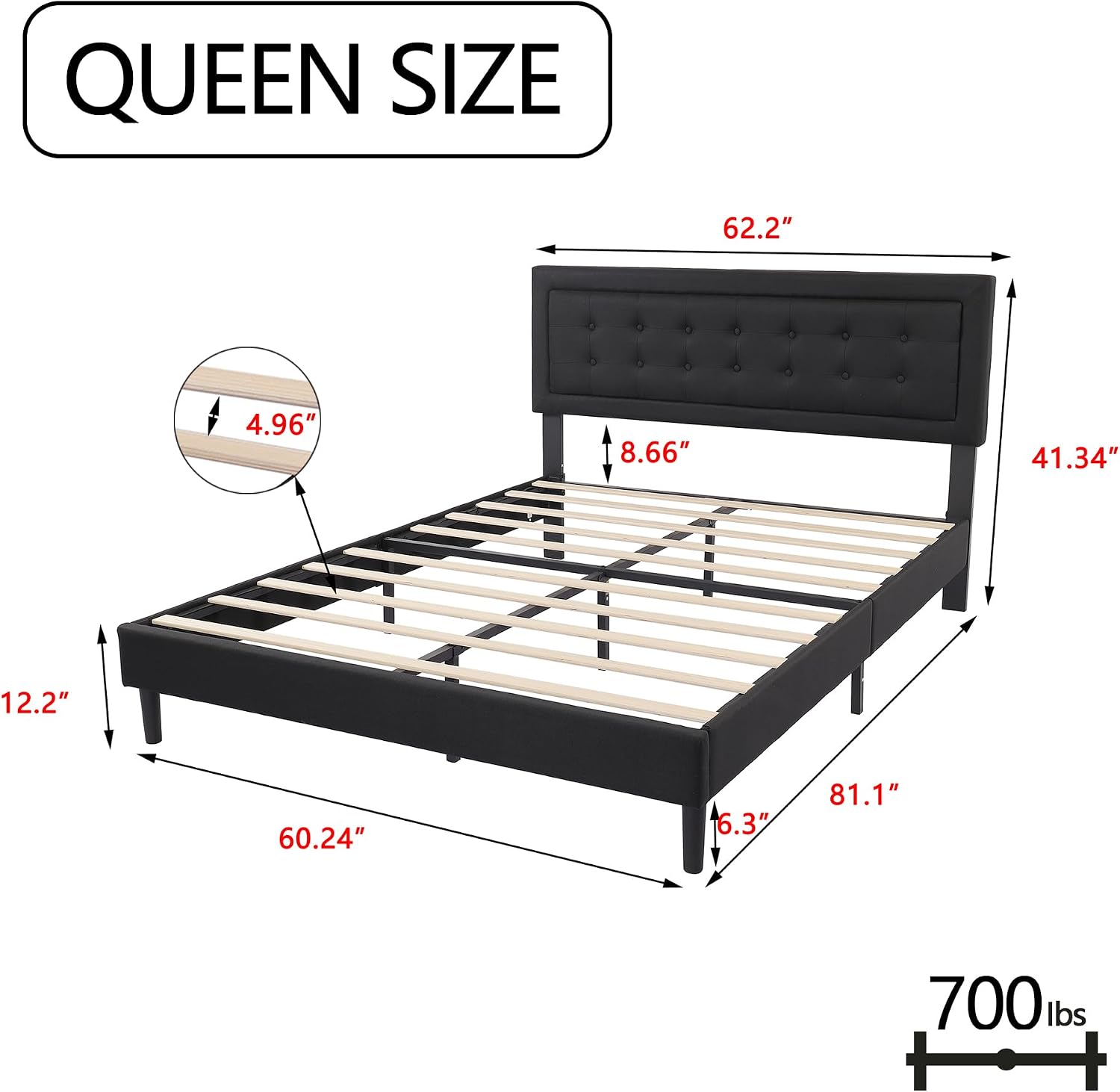 alazyhome Queen Size Black Modern Upholstered Platform Bed Frame with Button Tufting Headboard Solid Wood Slats Support No Box Spring Needed Easy Assembly