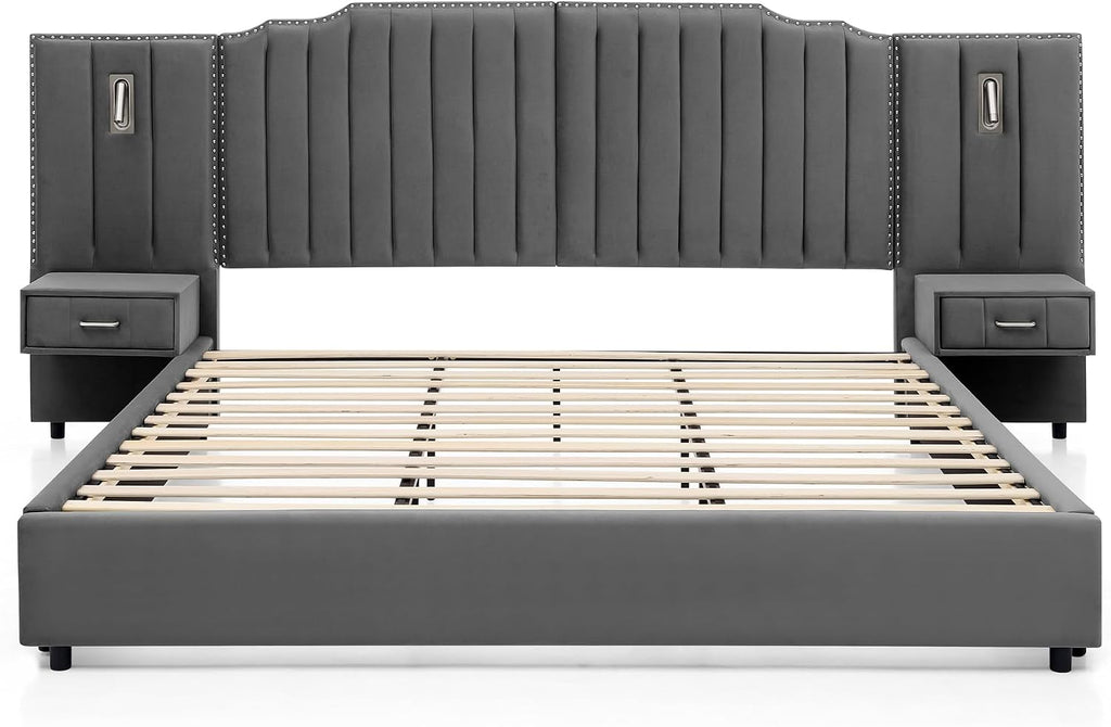 Velvet Upholstered King Size Platform Bed Frame with 48' Tall Headboard, Built-in Nightstands & Storage Drawers, No Box Spring Needed, Modern Gray Bedroom Furniture Set (Gray, King)
