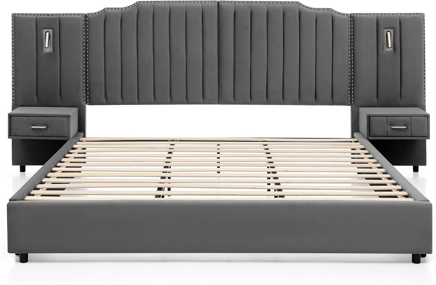 Velvet Upholstered King Size Platform Bed Frame with 48' Tall Headboard, Built-in Nightstands & Storage Drawers, No Box Spring Needed, Modern Gray Bedroom Furniture Set (Gray, King)