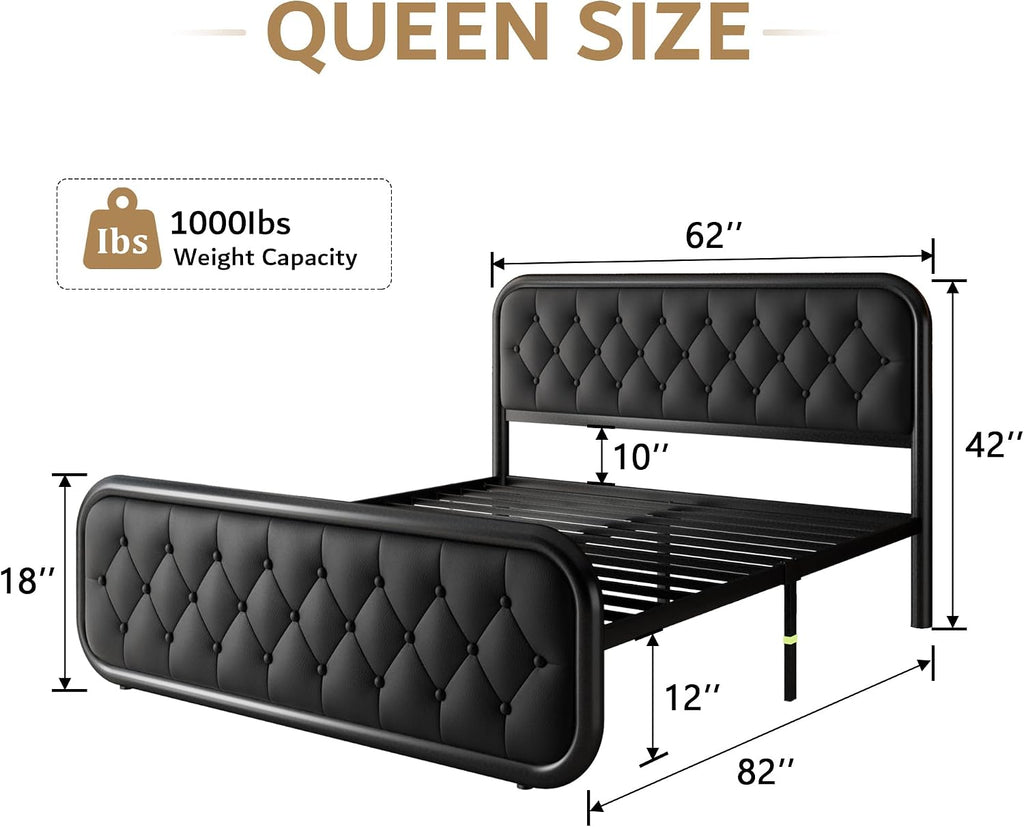 iPormis Queen Size Metal Bed Frame with Leather Headboard, Heavy-Duty Platform Bed Frame, Thicker Metal Steel Slats Support, 12'' Under-Bed Space, Noise-Free, Easy Assembly, Black