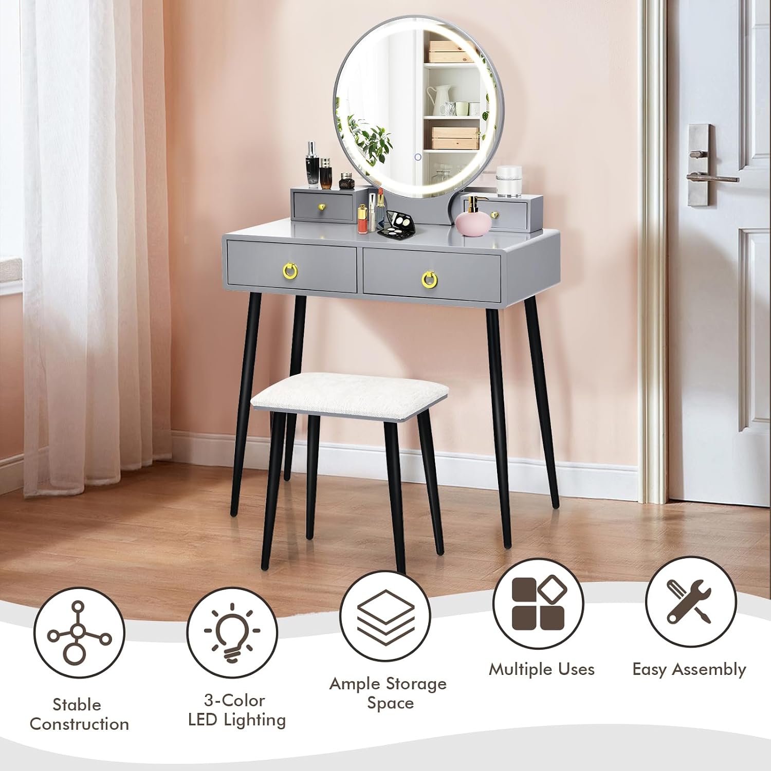 COSTWAY Vanity Table Set with Mirror and Lights, Makeup Dressing Table w/ 3 Color Lighting Modes & Adjustable Brightness, Vanity Mirror with Desk and Cushioned Stool for Women Girls (Grey & Black)