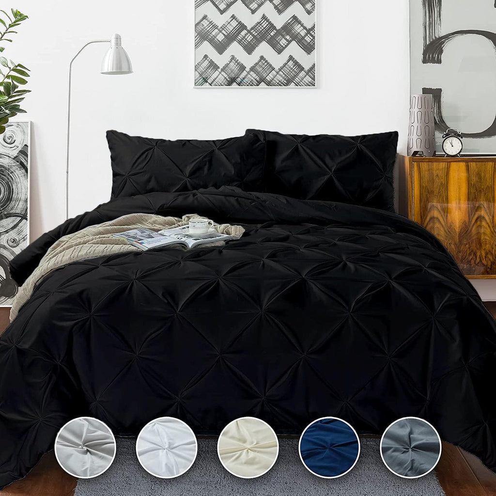 Crown Collection 1000-TC Hypoallergenic Ultra Soft Design 100% Egyptian Cotton Pinch Plated Duvet Cover with Zipper Colser & 2pcs Pillow Case Set (Alaskan 120'x132'), Black