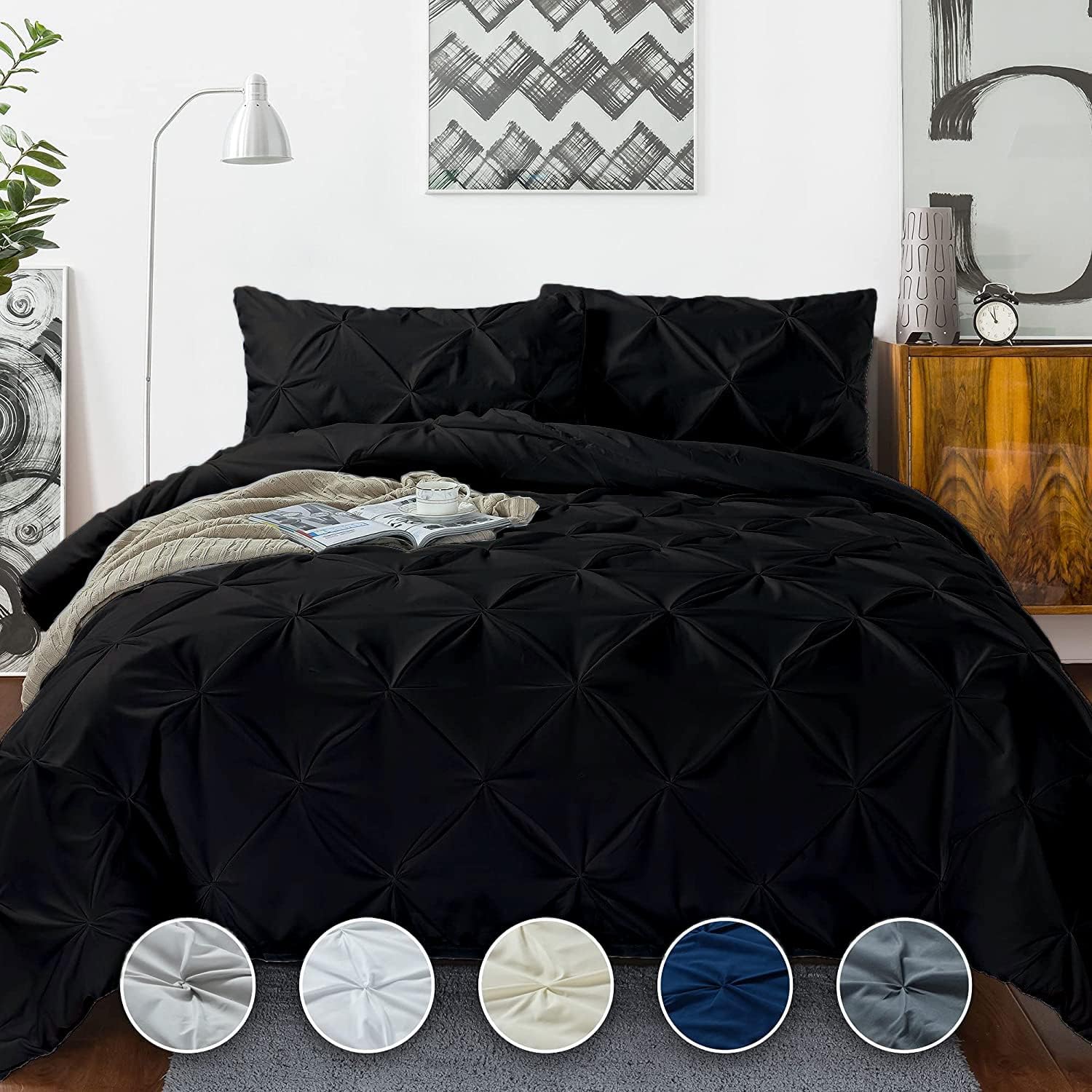 Crown Collection 1000-TC Hypoallergenic Ultra Soft Design 100% Egyptian Cotton Pinch Plated Duvet Cover with Zipper Colser & 2pcs Pillow Case Set (Alaskan 120'x132'), Black