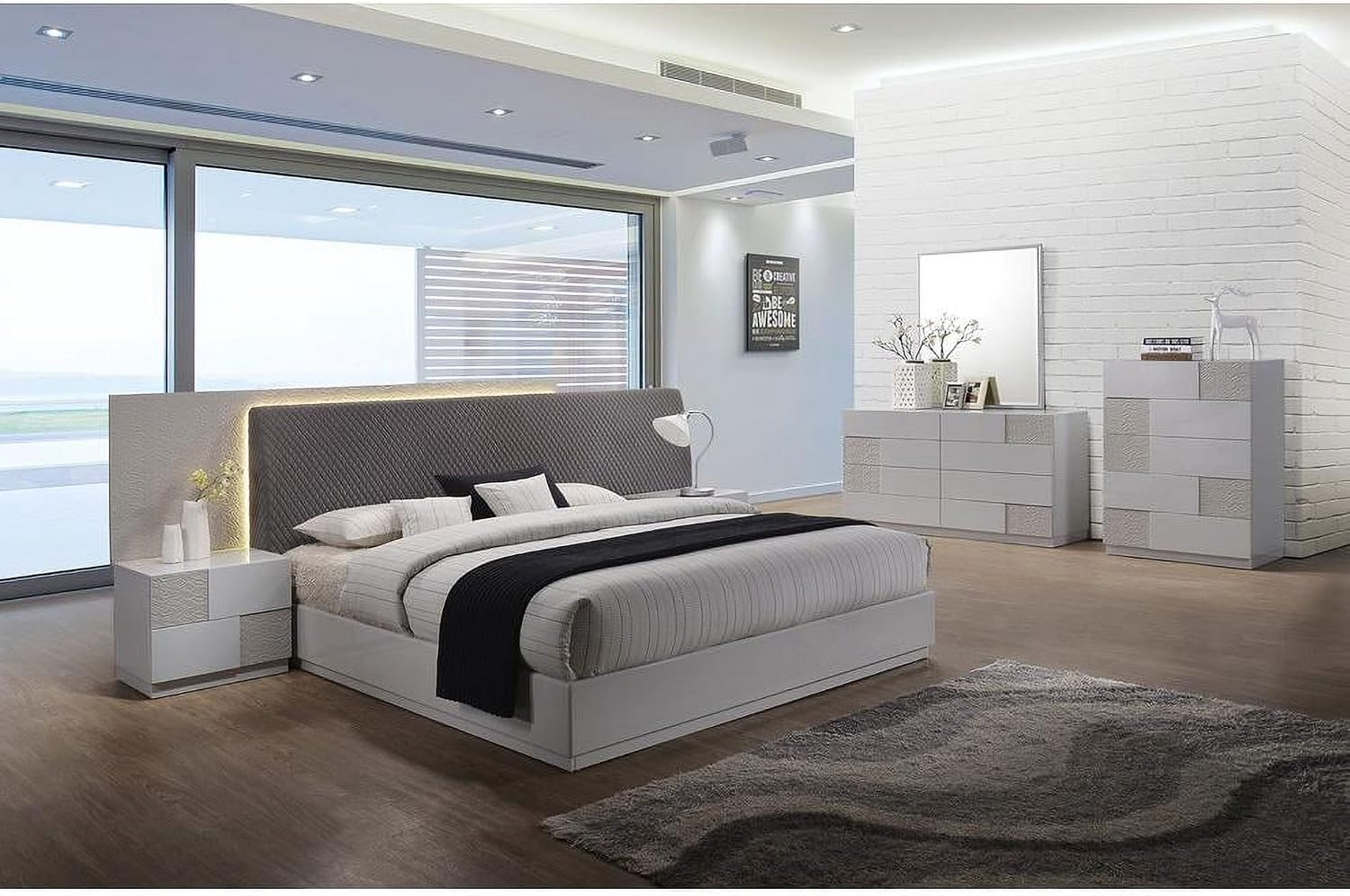 Modern Eastern King Bedroom 5Pc Set, Lacquer Wood and Popler Wood LED Bed with Drawer Storage, Nightstands, Silver/Gray