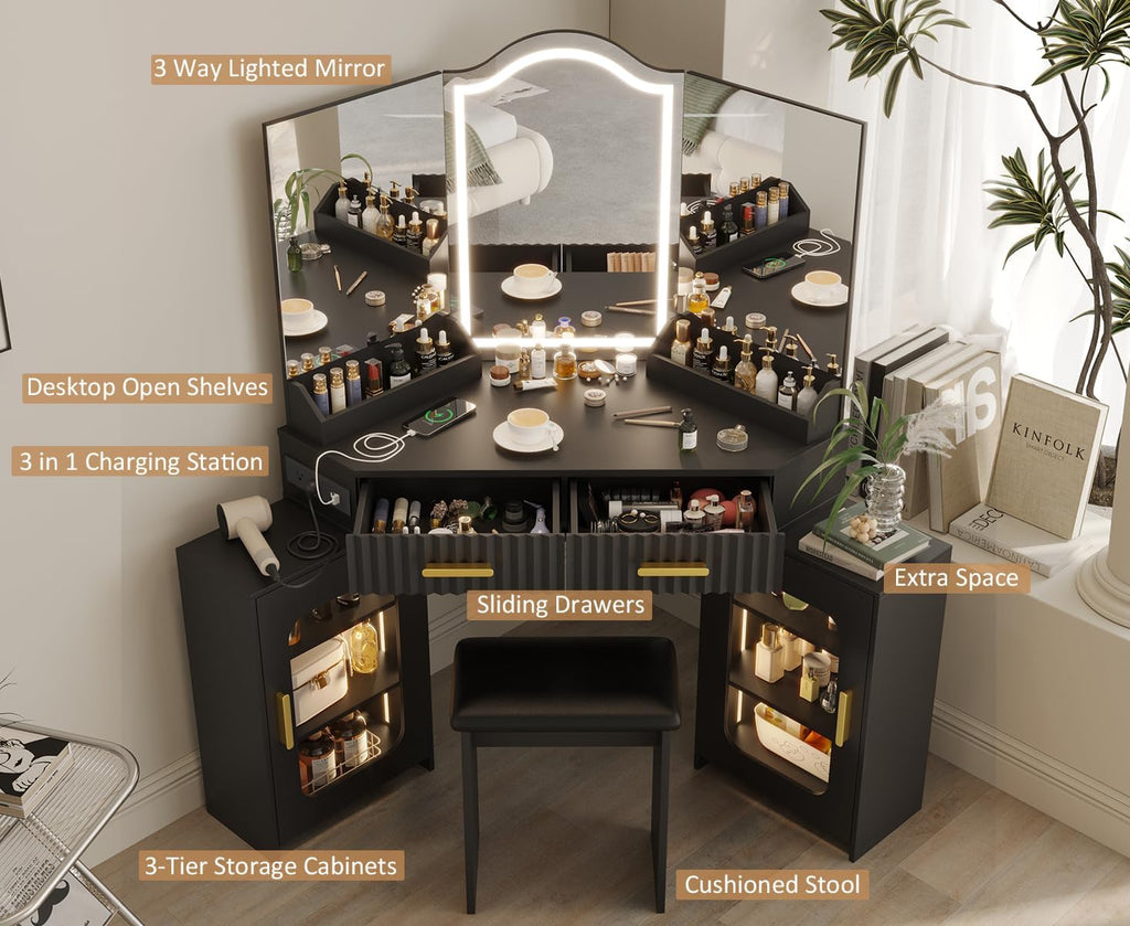 Corner Vanity Desk with 3 Way Mirror & LED Lights, Makeup Table Set with Charging Station, Storage Drawers & Side Cabinets, Modern Bedroom Dressing Table for Women & Girls Birthday Gift
