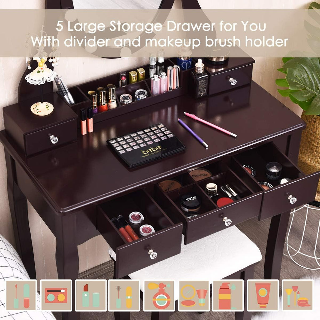 CHARMAID Makeup Vanity Table with Lighted Mirror, Vanity Desk with 10 LED Lights, Adjustable Brightness, 5 Drawers and Removable Storage Organizer, Bedroom Dressing Table with Stool (Espresso)