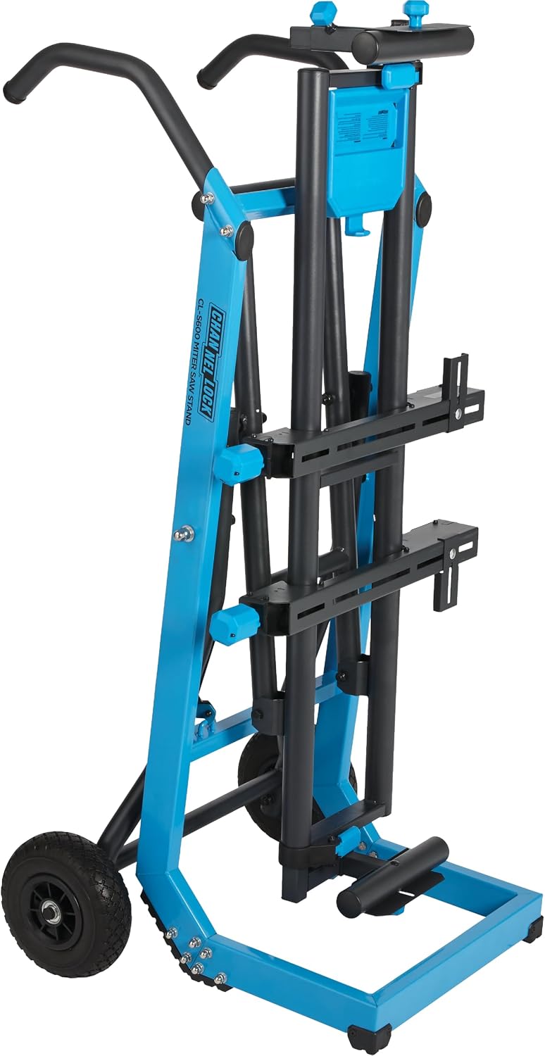 Channellock Folding Miter Saw Stand - Heavy-Duty Steel, Rolling Mobile Base, 10 Ft Extension - Blue