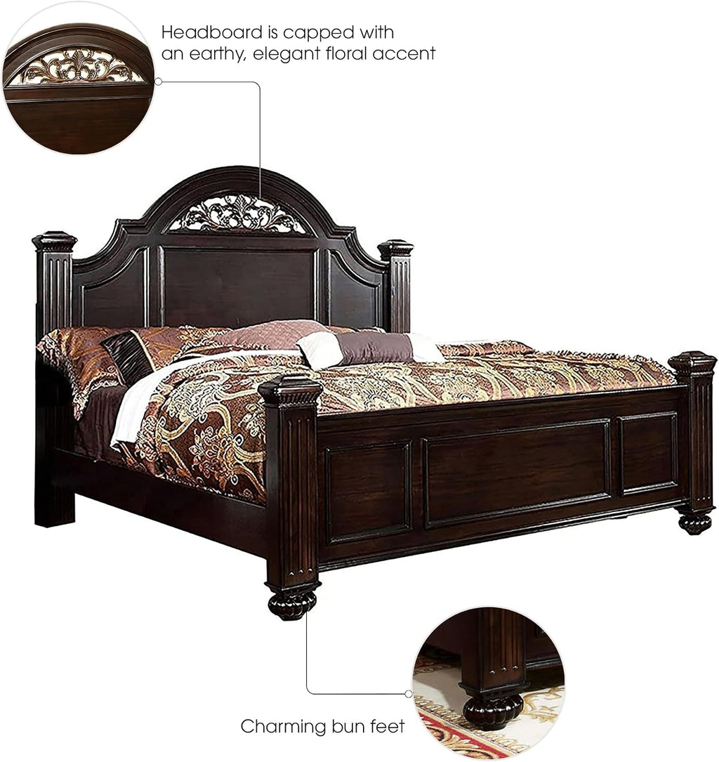 Furniture of America Malierd Transitional Fluted Poster King-Size Panel Bed, Box Spring Required for Bedroom, Guest Room Bed, Dark Walnut Brown