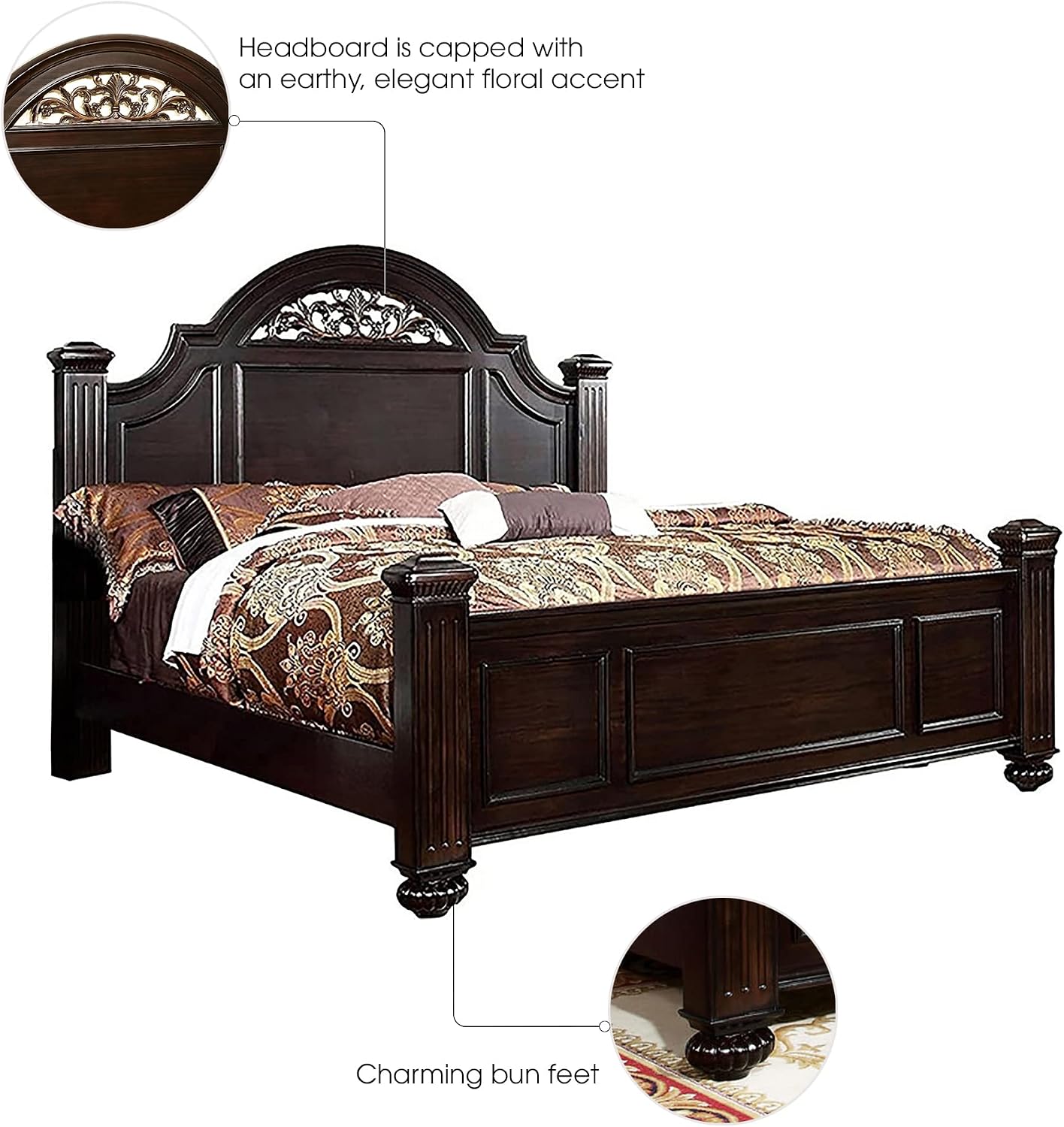 Furniture of America Malierd Transitional Fluted Poster King-Size Panel Bed, Box Spring Required for Bedroom, Guest Room Bed, Dark Walnut Brown
