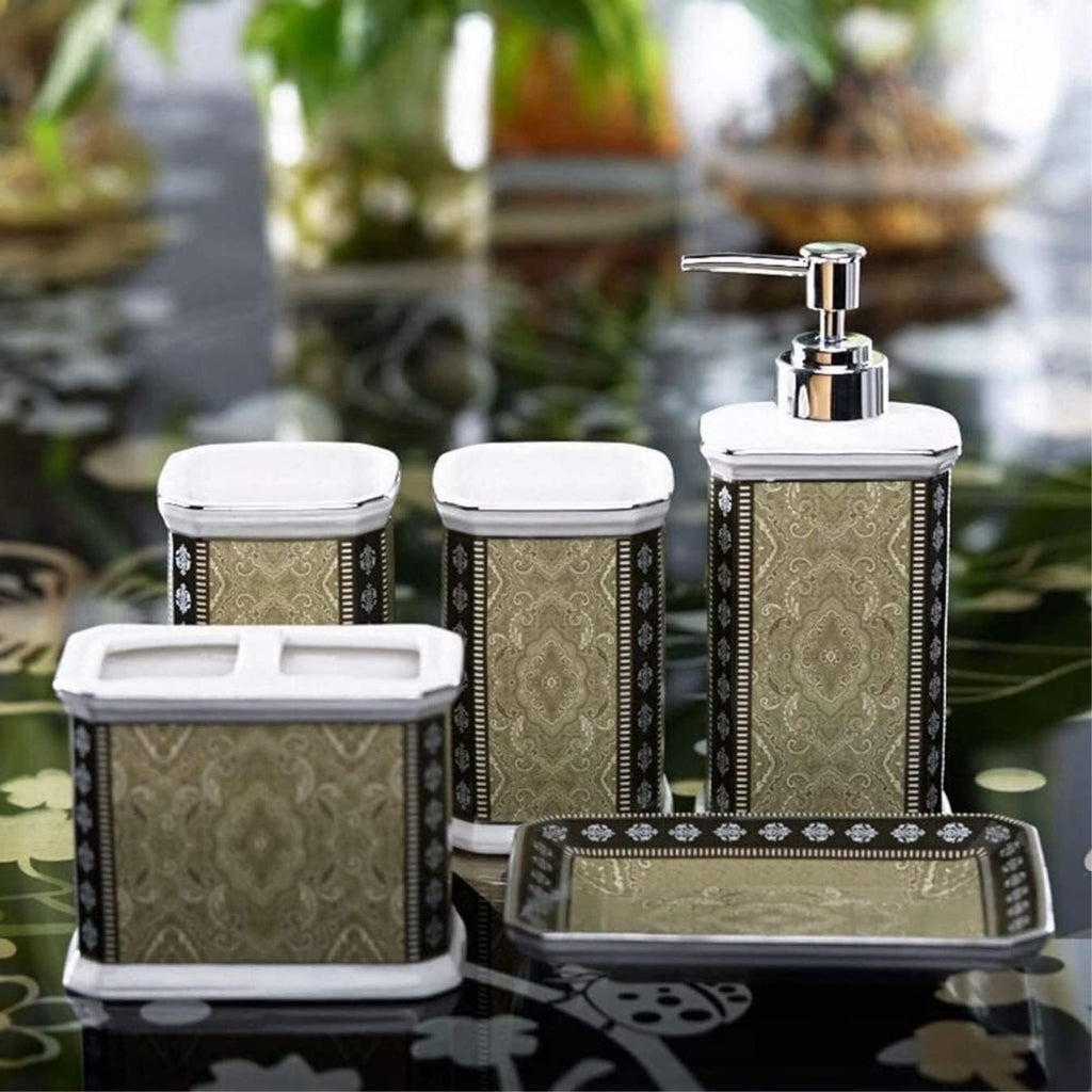 Vanity Bathroom Decor, 5 PCS Bathroom Accessory Set Ceramics Set Plastic Silver Edge Laminated Head with Tooth Brush Holder Housewarming Gift(Green)
