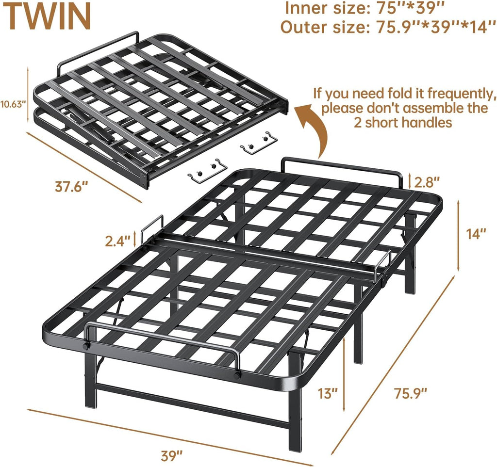 Foldable Twin Bed Frame,Folding Twin Bed Frame, 14 Inch Heavy Duty Metal Platform Bed, Sturdy Steel Bed Frames, Portable Bed, Tool-Free,Easy Assembly, No Box Spring Needed,Noise Free,Black