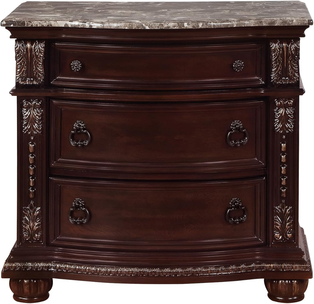 Generic Traditional Formal Classic 5pc Set King Size Faux Leather Upholstery Panel Bed Cherry Finish Marble Top Storage Pieces Solid Wood Furniture, Brown, HSB1600-K5pc