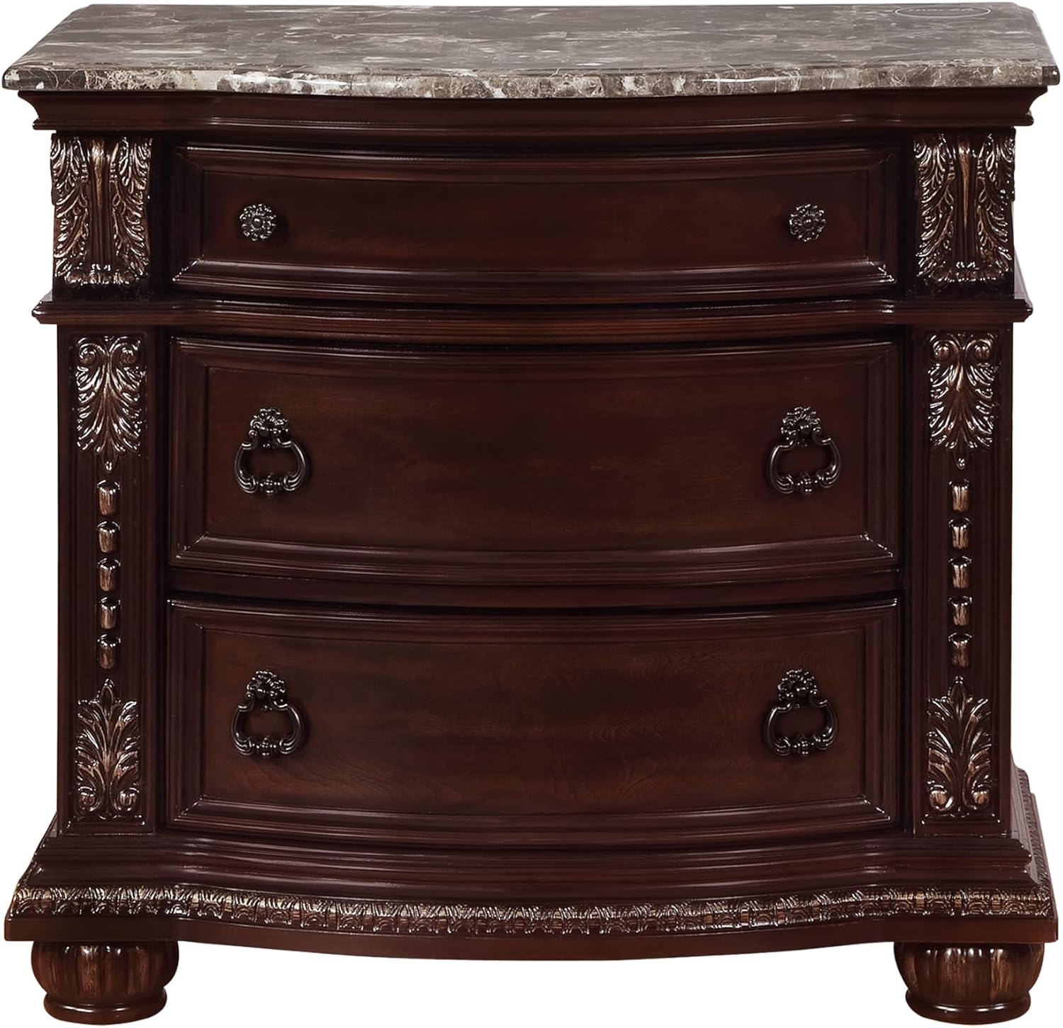 Generic Traditional Formal Classic 5pc Set King Size Faux Leather Upholstery Panel Bed Cherry Finish Marble Top Storage Pieces Solid Wood Furniture, Brown, HSB1600-K5pc