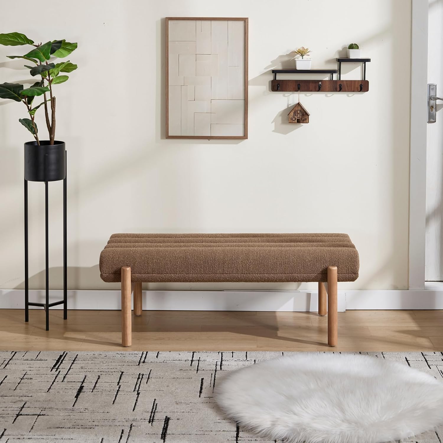 47' Modern Upholstered End of Bed Bench, Brown Chenille Channel Tufted Entryway Bench with Wood Legs, Comfy Bedroom Bench Long Ottoman for Living Room Hallway Vanity Room