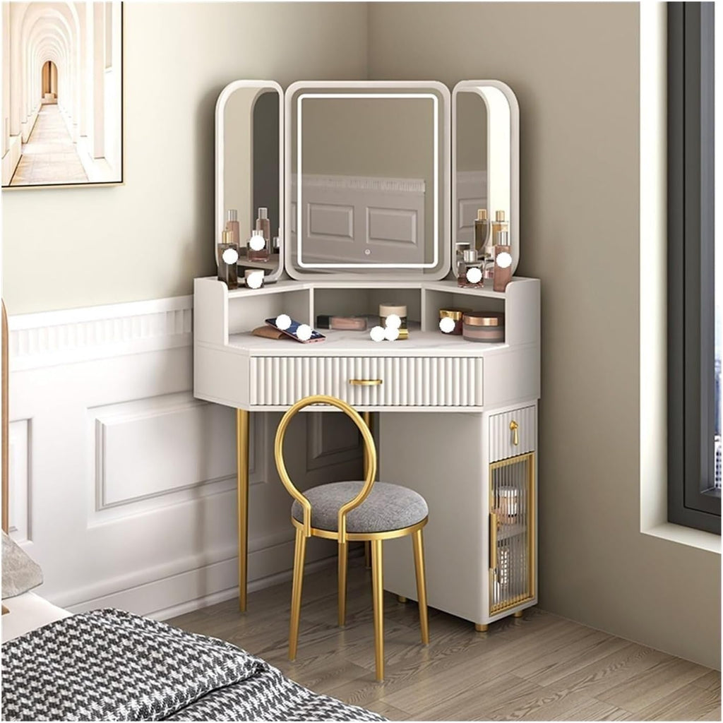 Corner Vanity Desk Set with Storage Cabinets, Circular Mirror & Stool, Space-Saving Wood Triangle Makeup Desk