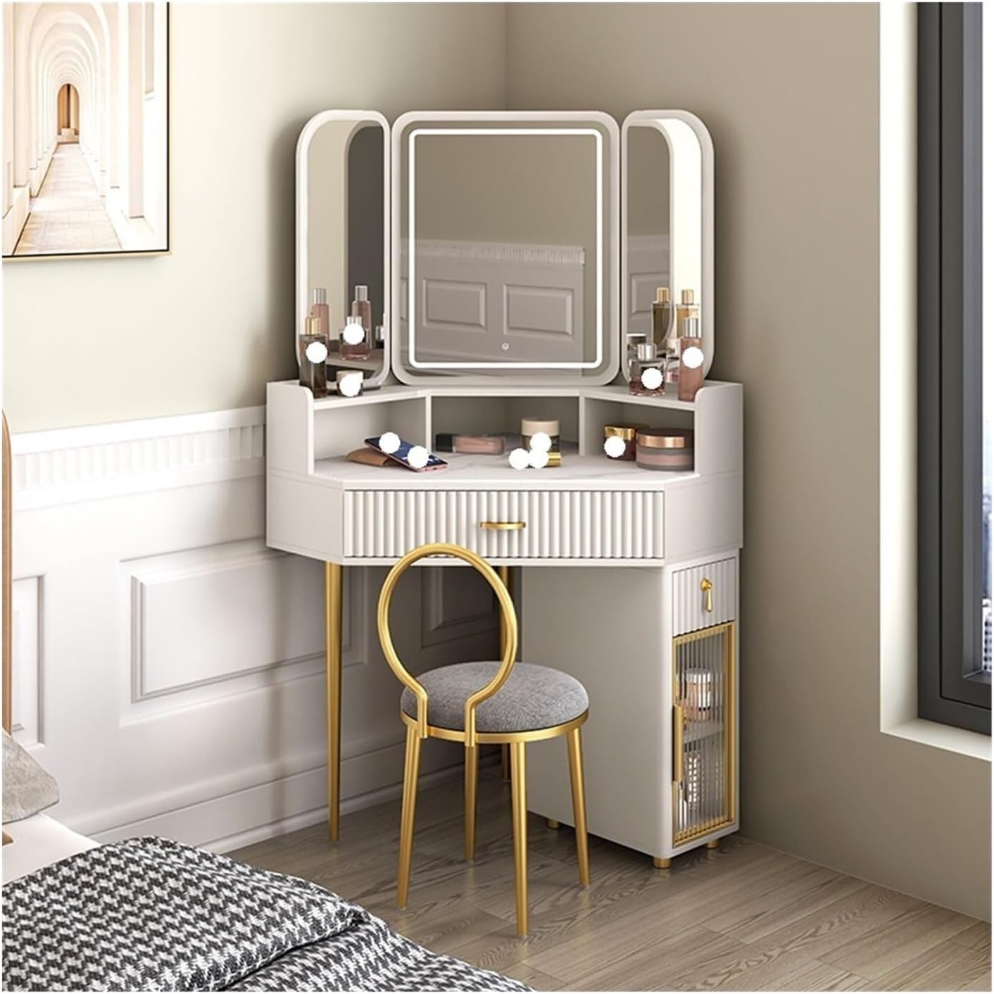 Corner Vanity Desk Set with Storage Cabinets, Circular Mirror & Stool, Space-Saving Wood Triangle Makeup Desk