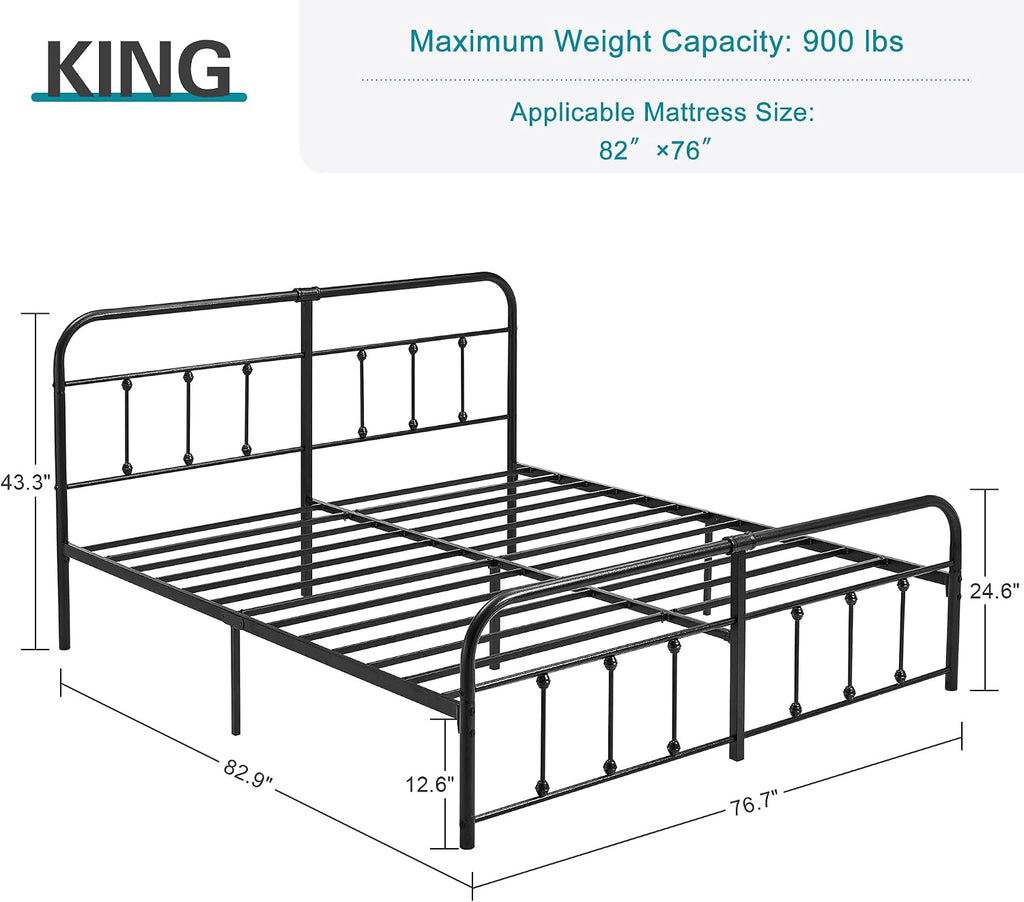 VECELO King Size Victorian Style Metal Bed Frame with Headboard Classic Metal Platform Bed Frame Mattress Foundation with Victorian Style Footboard/Under Bed Storage/No Box Spring Black