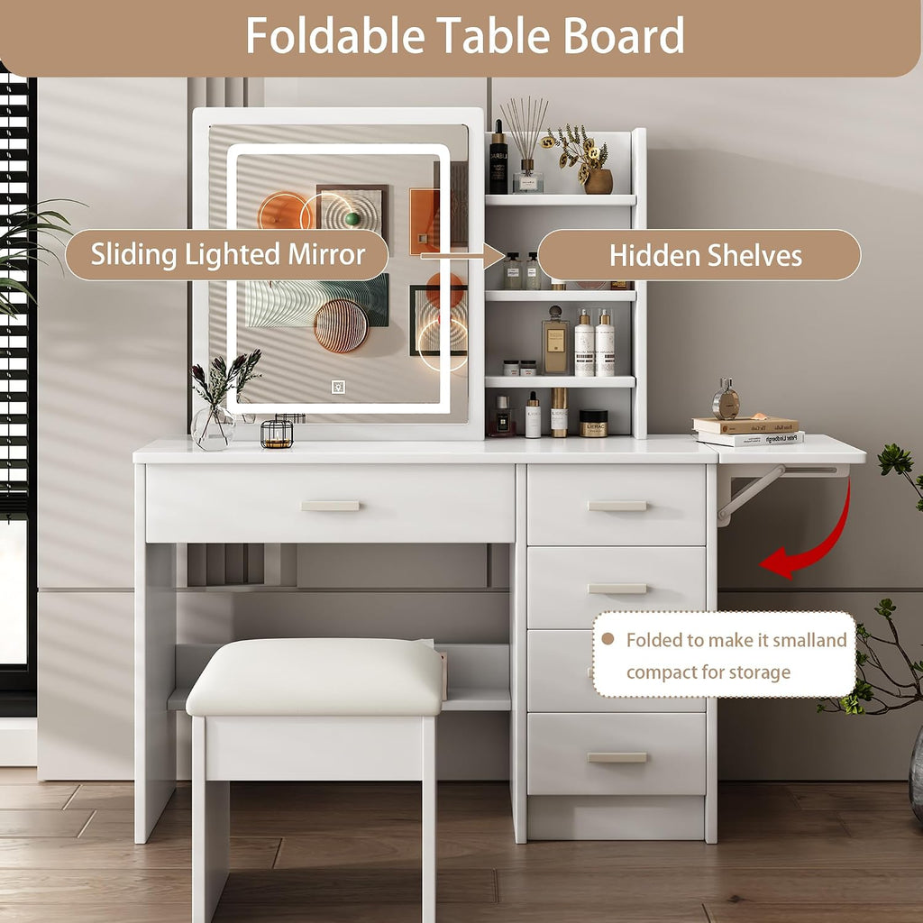 43.3' Vanity Desk with Mirror and Lights, Sliding 3 Colors Lighted Mirror, Vanity Desk Set with Stool, 5 Drawers and Foldable Table Board, to Store Jewelry and Makeup for Bedroom&Dressing Room