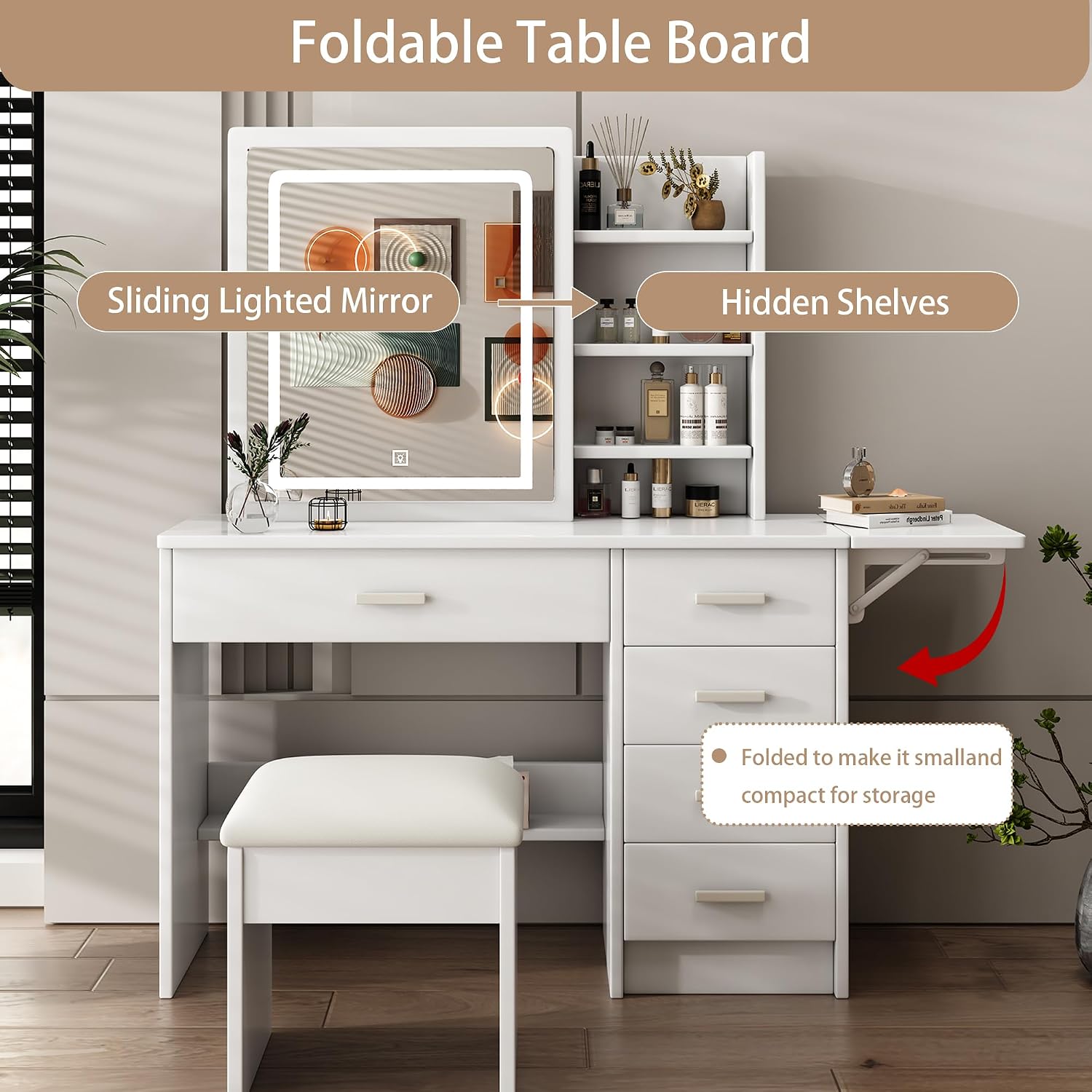 43.3' Vanity Desk with Mirror and Lights, Sliding 3 Colors Lighted Mirror, Vanity Desk Set with Stool, 5 Drawers and Foldable Table Board, to Store Jewelry and Makeup for Bedroom&Dressing Room