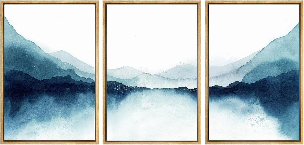 SIGNWIN Framed Canvas Print Wall Art Set Teal Duotone Mountain Lake Reflection Nature Wilderness Illustrations Modern Art Decorative Scenic Rustic for Living Room, Bedroom, Office - 16'x24'x3 Natural