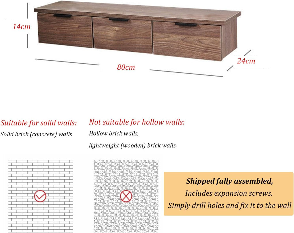 80cm Floating Vanity Makeup Table with 3 Drawers, Wall-Mounted Wood Makeup Desk, Modern Corner Space-Saving Desk or Nightstand, for Bedroom(D)