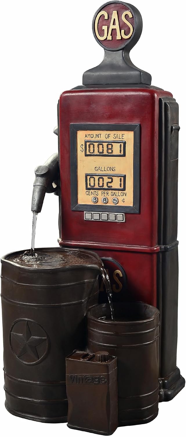 Peaktop Teamson Home Vintage Gas Station Statue 3 Tiered Floor Waterfall Fountain with Pump for Outdoor Patio Garden Backyard Decking, 42 Inch Height, Dark Red