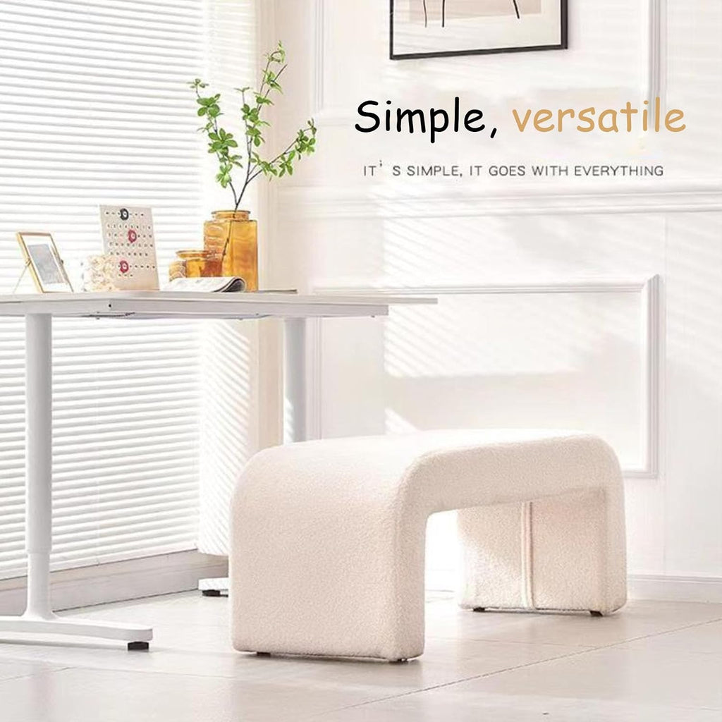 Dark Green,Small, Fuzzy Sherpa Upholstered Ottoman Bench, Ottoman Bench End of Bed, Modern Upholstered Bench, Modern Fabric Arched Bench, Vanity Bench Stools for Living Room Bedroom Entryway
