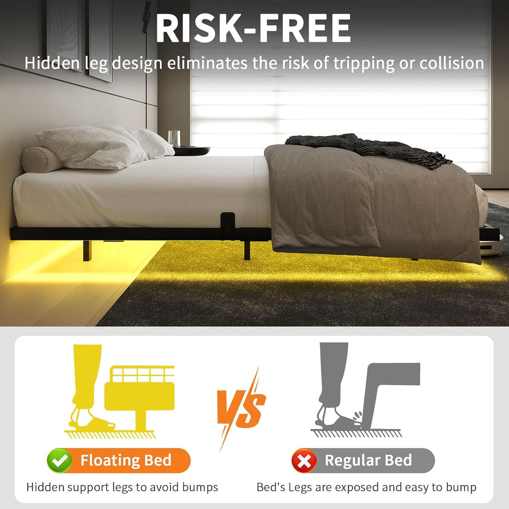 HOMBCK Floating Bed Frame King with LED Lights, Industrial Style Metal Bed Frame, No Box Spring Needed, Easy to Assemble, Noise Free