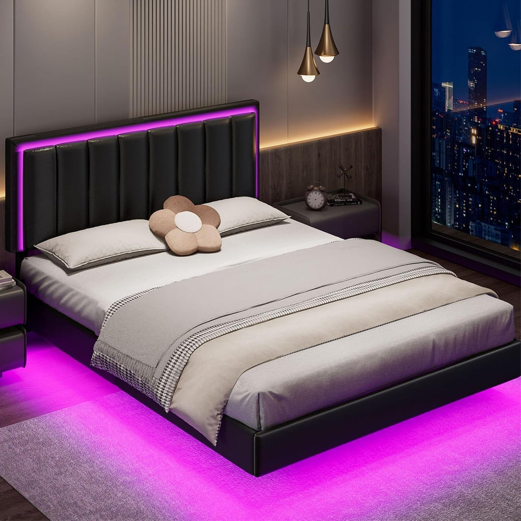 IMMERSTABLE Queen Size Floating Bed Frame with LED Lights, Upholstered Platform Bed with Headboard, 11 in Storage Clearance, Solid Wood Slats, No Box Spring Needed, Easy Assembly, Black