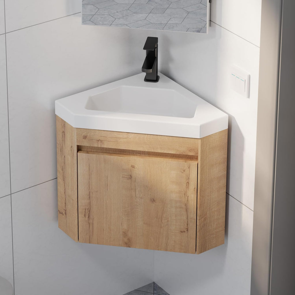 eclife 22' Corner Bathroom Vanity Sink Combo for Small Space Wall Mounted Floating Cabinet with White Resin Sink and Matte Black Faucet, Natural