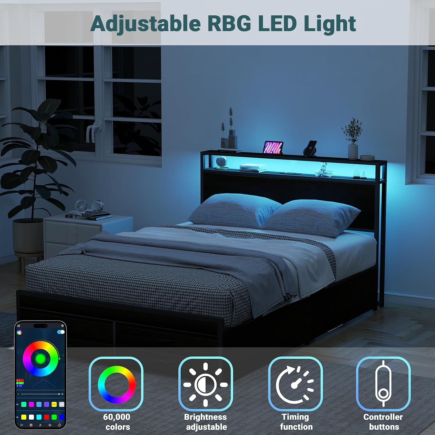 Zevemomo Full Bed Frames with Headboard, Full Size Storage Bed Frame with 8 Drawers, Built-in Charging Ports & Outlets, Adjustable Atmospheric LED Lights, Full-Size Metal Foundation Beds Base, Black