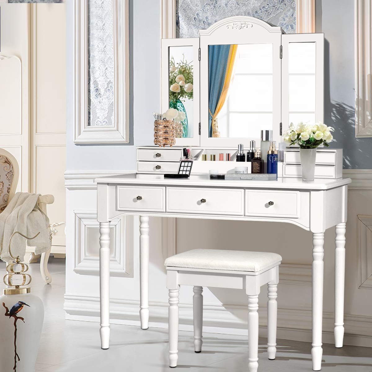 DORTALA Makeup Vanity Table Set w/ 7 Drawers, Removable Tri-Folding Mirror w/ 8 Jewelry Necklace Hooks, Dressing Table w/Open Storage Box & Cushioned Stool, Solid Wood Legs,White