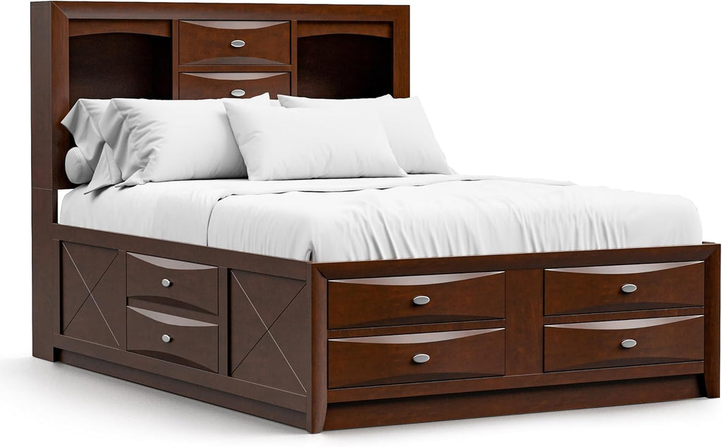 Furniture of America Darius Transitional Solid Wood 6-Piece King Platform Bedroom Set with Drawers, Bookcase Headboard and Knob Pulls, Mattress Ready, Dark Cherry