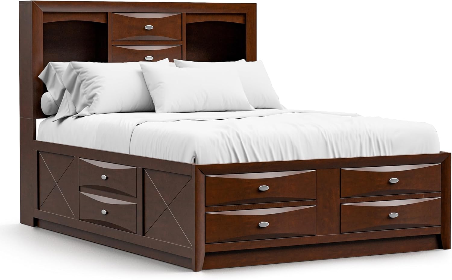 Furniture of America Darius Transitional Solid Wood 6-Piece King Platform Bedroom Set with Drawers, Bookcase Headboard and Knob Pulls, Mattress Ready, Dark Cherry