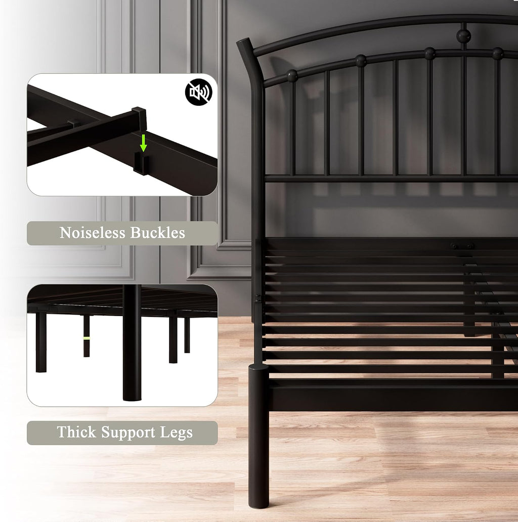 Feonase Queen Black Bed Frame, Heavy-Duty Metal Bed Frame with 13 Hardened Steel Slats, 12' Under-Bed Storage, Noise-Free, Easy Assembly