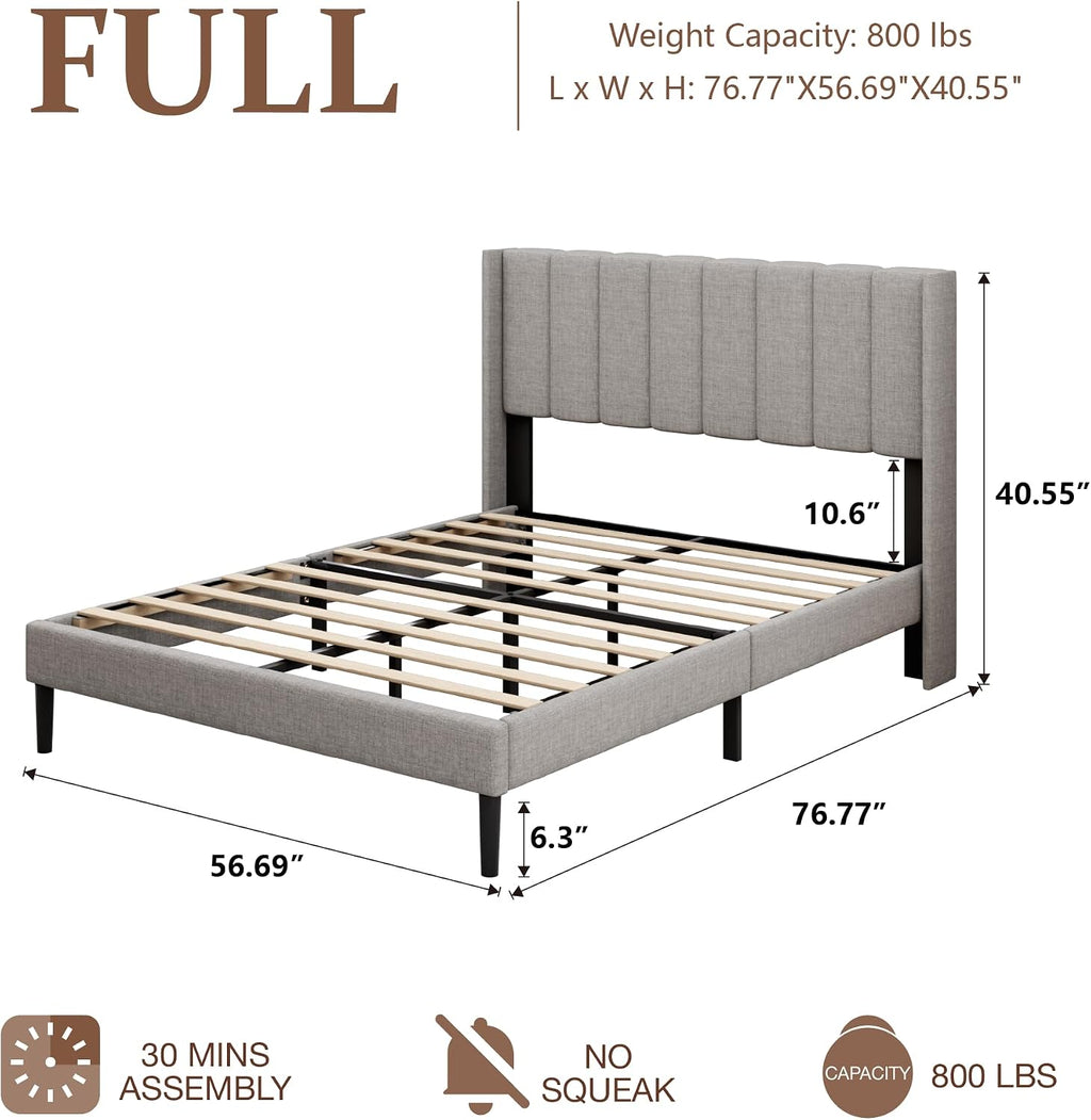 Sismplly Full Size Bed Frame and Headboard,Vertical Channel Tufted Wingback No Box Spring Needed, Mattress Foundation, Easy Assembly Light Grey, Linen