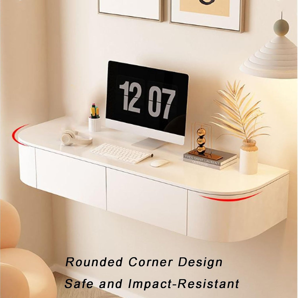 Floating Vanity Makeup Table, Modern White Suspended Desk with Drawers, Wall Mounted Corner Dressing Desk, Wood Hanging Nightstand for Bedroom(White Left,120cm/47.2in)