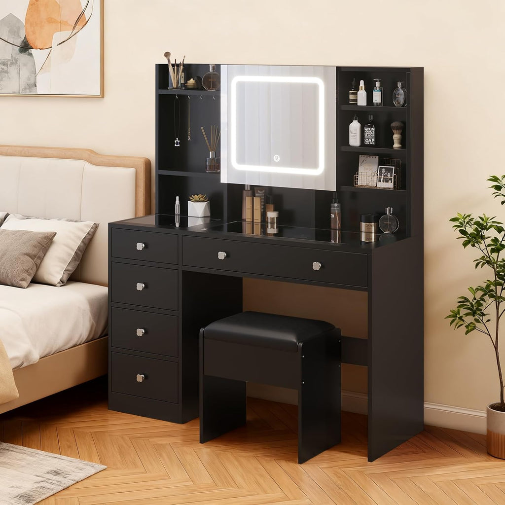 Karl home Makeup Vanity with Lighted Mirror Bedroom Vanity Desk with Charging Station Large Vanity Set with Transparent Desk, Drawers, Cabinet, Shelves for Storage in Bedroom, Black