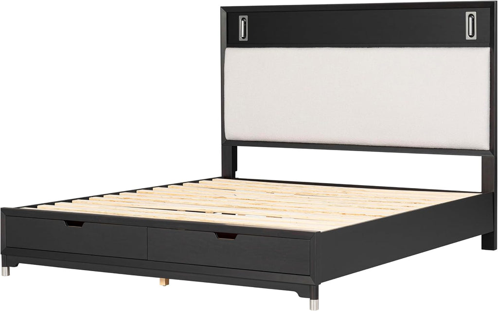 Furniture of America Forma Modern Solid Wood 2-Piece Bedroom Set with Storage Bed with LED Reading Lights, Ball-Bearing Glide, USB Charging Ports on Nightstands, No Box Spring Needed, King, Black
