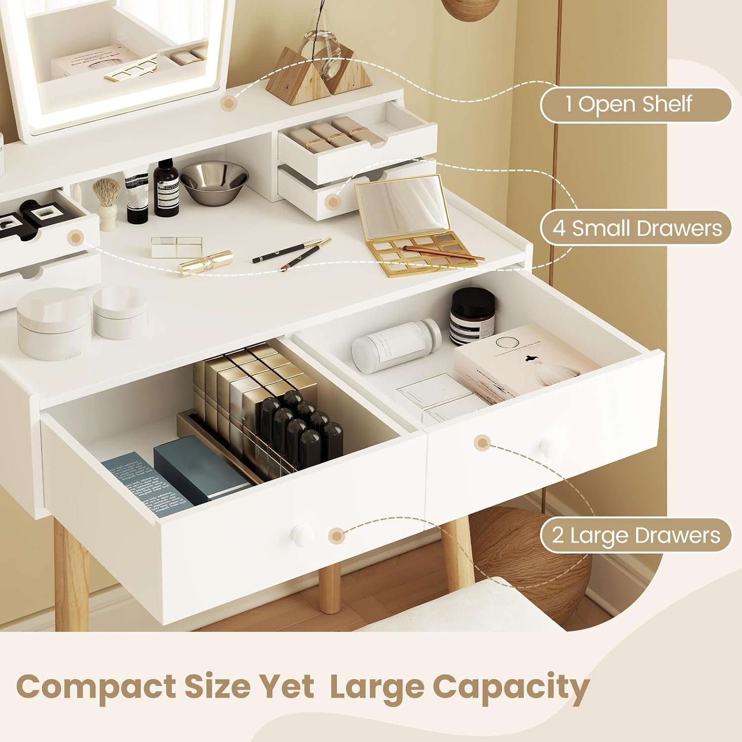 CHARMAID Small Vanity Desk with Mirror and Lights, White Makeup Vanity Desk with 6 Drawers, Adjustable 3 Color Lighting Modes, Compact Girls Bedroom Vanity Dressing Table with Stool for Small Space