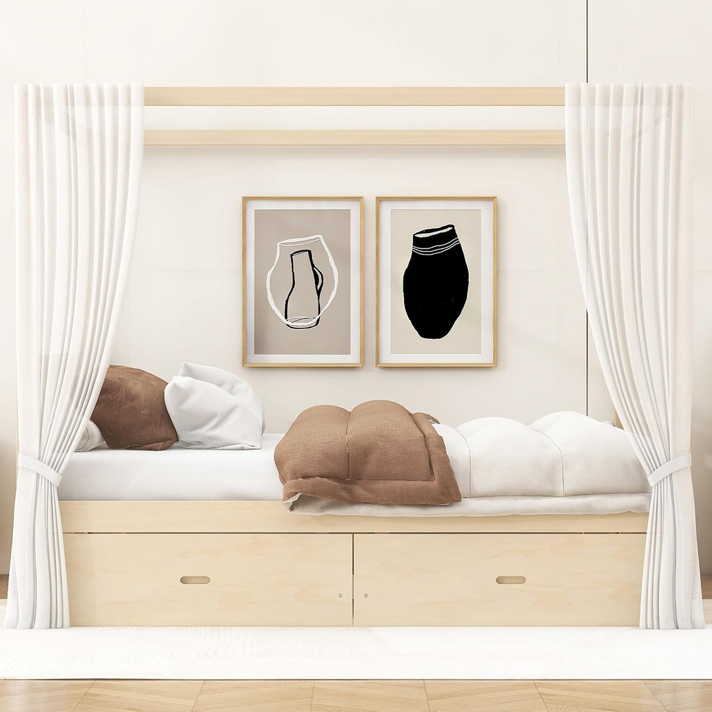 Merax King Size Canopy Bed with Storage, Solid Wood Four Poster Bed Frame with Drawers, No Box Spring Needed, Natural