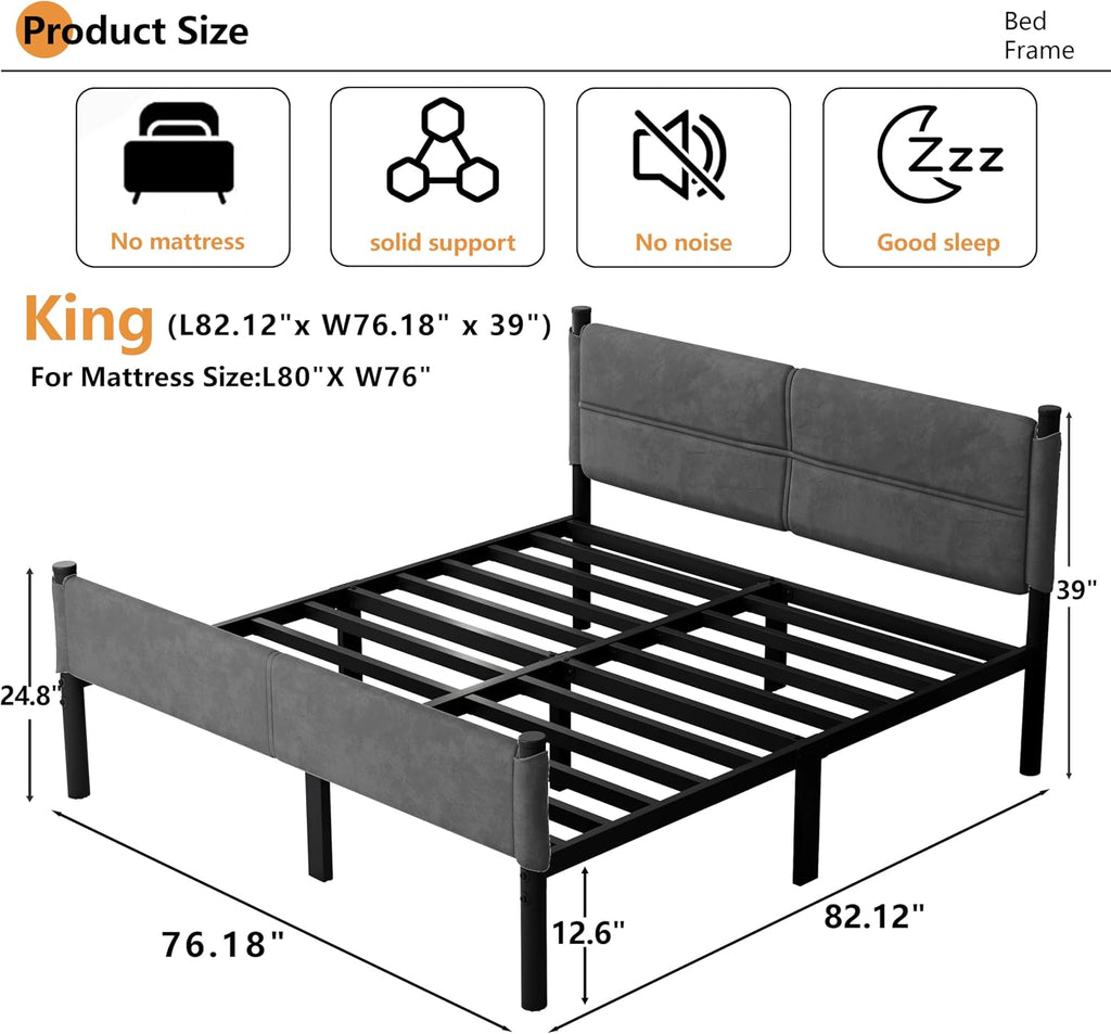 Metal Bed Frame,14Inch King Size Bed Frame with Storage Space,Heavy Duty Sturdy Mattress Foundation,Easy Assembly,No Box Spring Needed,King Grey
