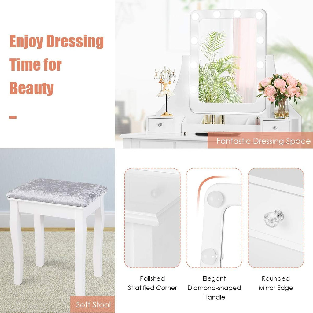 COSTWAY Vanity Desk Set with Lighted Mirror, 360° Swivel Vanity Mirror Desk with 10 LED Bulbs, Makeup Dressing Table with 5 Drawers, Vanity Table with Cushioned Stool for Bedroom, Women, Girls (White)